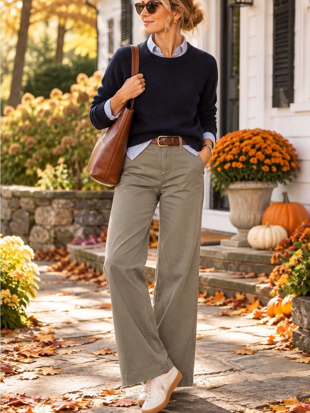 Lands’ End Olive Green Wide Leg Pants Women’s 10 Preppy Chino